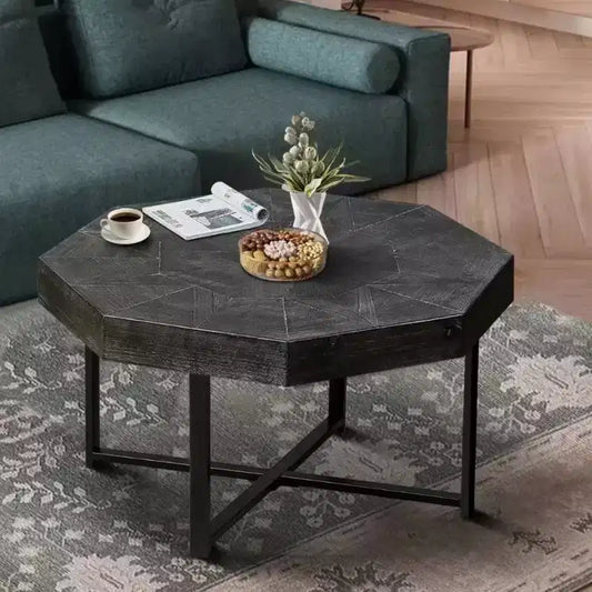 TUYOHW 29.1 Vintage Coffee Table for Living Room,Wooden Octagonal Center Table with Steel Crisscross Base,30 Inch Cocktail Table