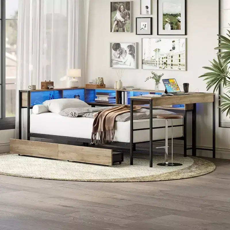 Base Letto ad Angolo Singola con Libreria e 2 Cassetti Contenitori Sottoletto, Letto Singolo Moderno Letto a Giorno Moderno Reversibile Sinistra o Destra, Grigio