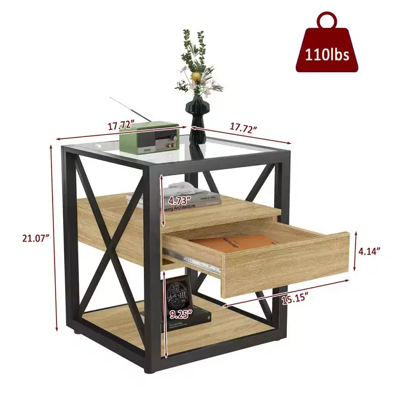 Comodino Industriale con Piano in Vetro Temperato e Cassetto, Tavolino a X per Camera da Letto o Ufficio