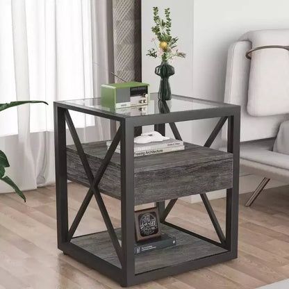 Comodino Industriale con Piano in Vetro Temperato e Cassetto, Tavolino a X per Camera da Letto o Ufficio