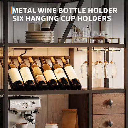 Armadietto per Bar Vino Alto 71 con Luce a LED, Scaffale Portabottiglie Industriale con Portabicchieri, Mobile Bar per Liquori con Ante, Supporto per Microonde Scaffale per Panettieri