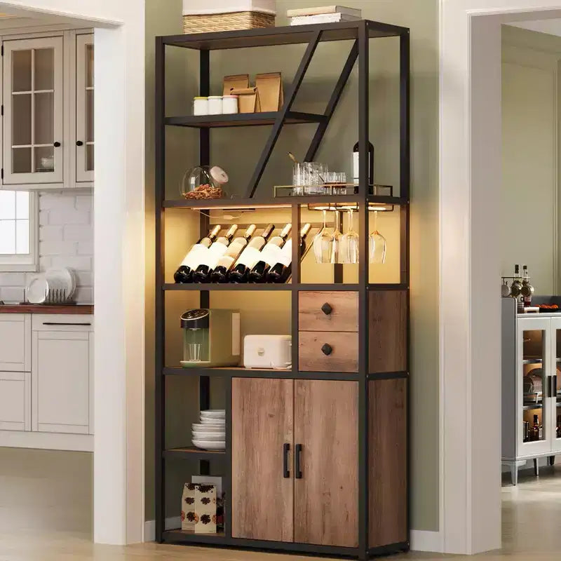 Armadietto per Bar Vino Alto 71 con Luce a LED, Scaffale Portabottiglie Industriale con Portabicchieri, Mobile Bar per Liquori con Ante, Supporto per Microonde Scaffale per Panettieri