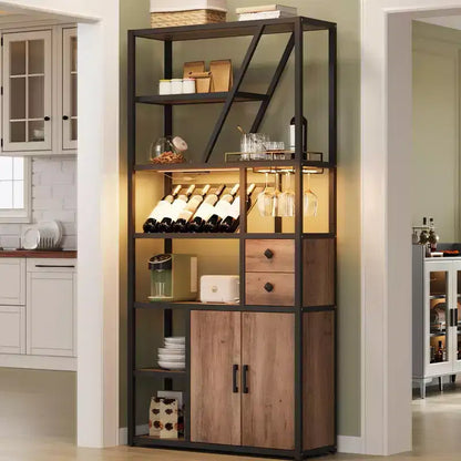 Armadietto per Bar Vino Alto 71 con Luce a LED, Scaffale Portabottiglie Industriale con Portabicchieri, Mobile Bar per Liquori con Ante, Supporto per Microonde Scaffale per Panettieri