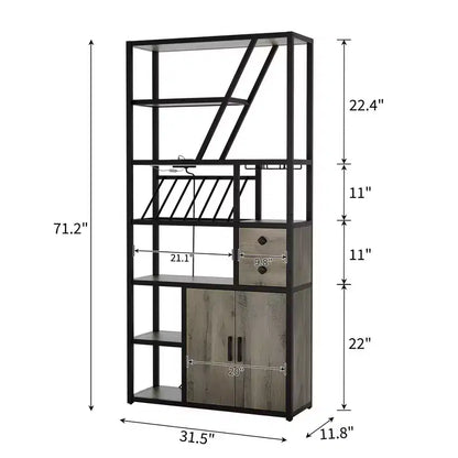 Armadietto per Bar Vino Alto 71 con Luce a LED, Scaffale Portabottiglie Industriale con Portabicchieri, Mobile Bar per Liquori con Ante, Supporto per Microonde Scaffale per Panettieri