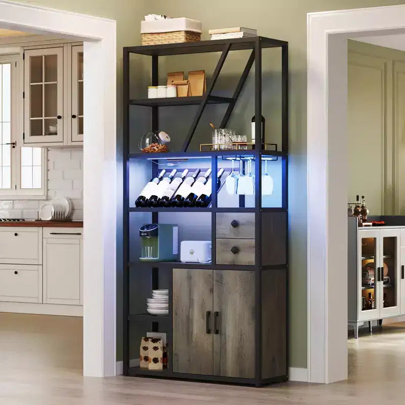 Armadietto per Bar Vino Alto 71 con Luce a LED, Scaffale Portabottiglie Industriale con Portabicchieri, Mobile Bar per Liquori con Ante, Supporto per Microonde Scaffale per Panettieri