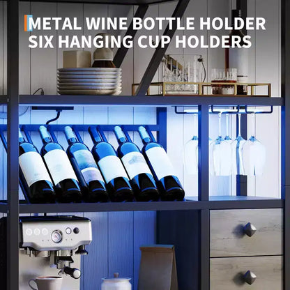 Armadietto per Bar Vino Alto 71 con Luce a LED, Scaffale Portabottiglie Industriale con Portabicchieri, Mobile Bar per Liquori con Ante, Supporto per Microonde Scaffale per Panettieri