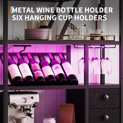 Armadietto per Bar Vino Alto 71 con Luce a LED, Scaffale Portabottiglie Industriale con Portabicchieri, Mobile Bar per Liquori con Ante, Supporto per Microonde Scaffale per Panettieri