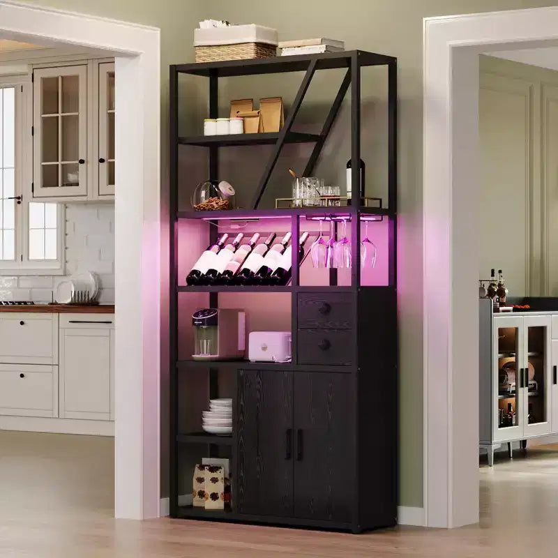 Armadietto per Bar Vino Alto 71 con Luce a LED, Scaffale Portabottiglie Industriale con Portabicchieri, Mobile Bar per Liquori con Ante, Supporto per Microonde Scaffale per Panettieri