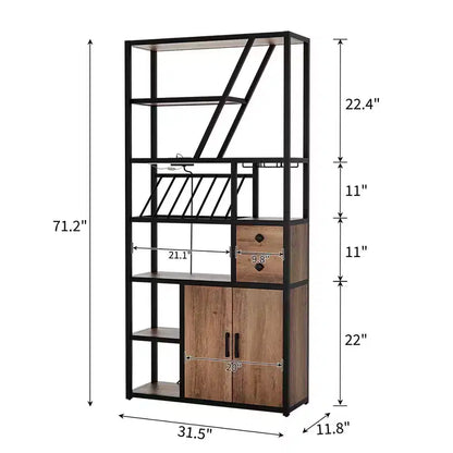 Armadietto per Bar Vino Alto 71 con Luce a LED, Scaffale Portabottiglie Industriale con Portabicchieri, Mobile Bar per Liquori con Ante, Supporto per Microonde Scaffale per Panettieri
