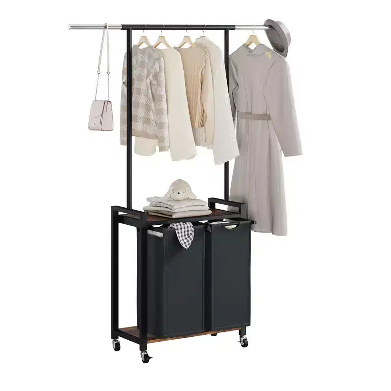 Carrello Portabiancheria con 2/3/4 Scomparti, Cesto Portabiancheria con Ruote, Appendiabiti e Ripiano, Organizzatore per la Lavanderia con Ruote Bloccabili, Stazione di Piegatura