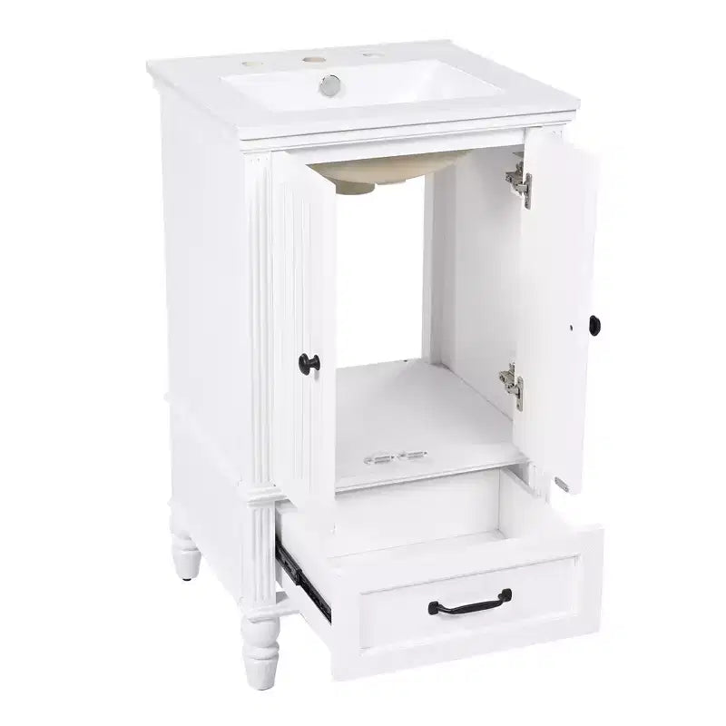 Mobiletto da bagno piccolo da 20" con lavabo, mobiletto da terra in legno con cassetti e ante, bianco