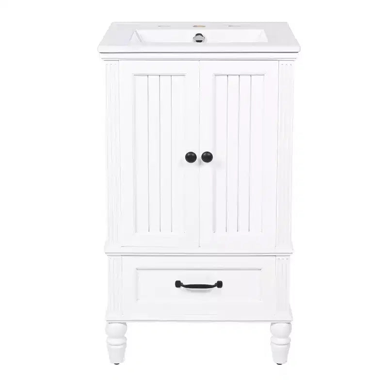 Mobiletto da bagno piccolo da 20" con lavabo, mobiletto da terra in legno con cassetti e ante, bianco