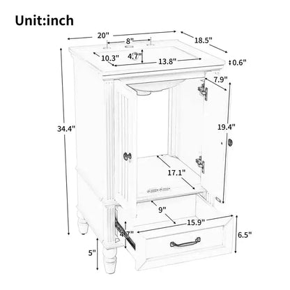 Mobiletto da bagno piccolo da 20" con lavabo, mobiletto da terra in legno con cassetti e ante, bianco