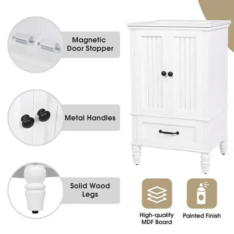 Mobiletto da bagno piccolo da 20" con lavabo, mobiletto da terra in legno con cassetti e ante, bianco
