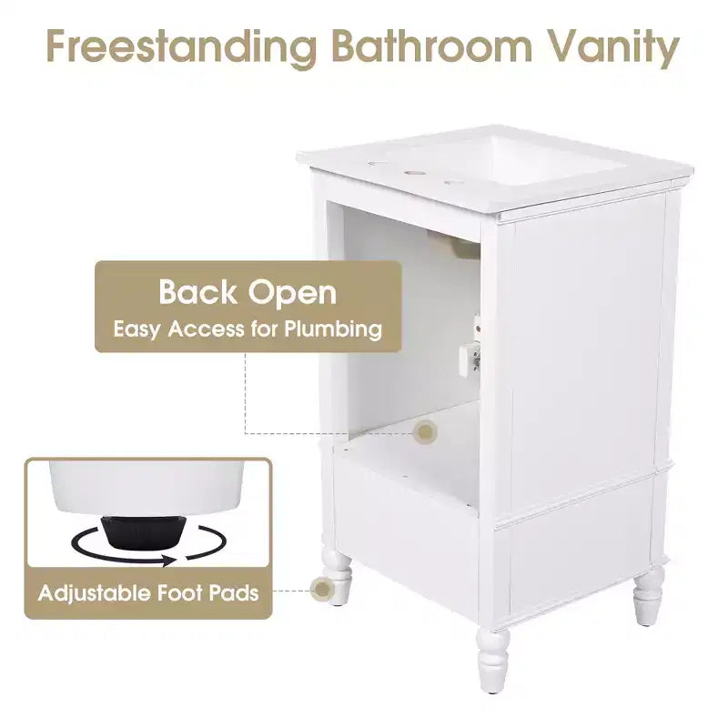 Mobiletto da bagno piccolo da 20" con lavabo, mobiletto da terra in legno con cassetti e ante, bianco