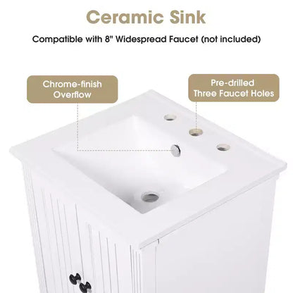 Mobiletto da bagno piccolo da 20" con lavabo, mobiletto da terra in legno con cassetti e ante, bianco