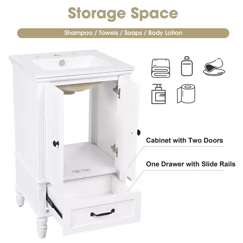Mobiletto da bagno piccolo da 20" con lavabo, mobiletto da terra in legno con cassetti e ante, bianco