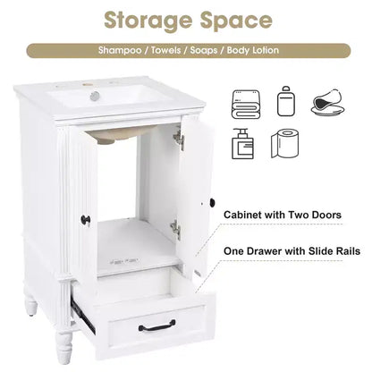 Mobiletto da bagno piccolo da 20" con lavabo, mobiletto da terra in legno con cassetti e ante, bianco