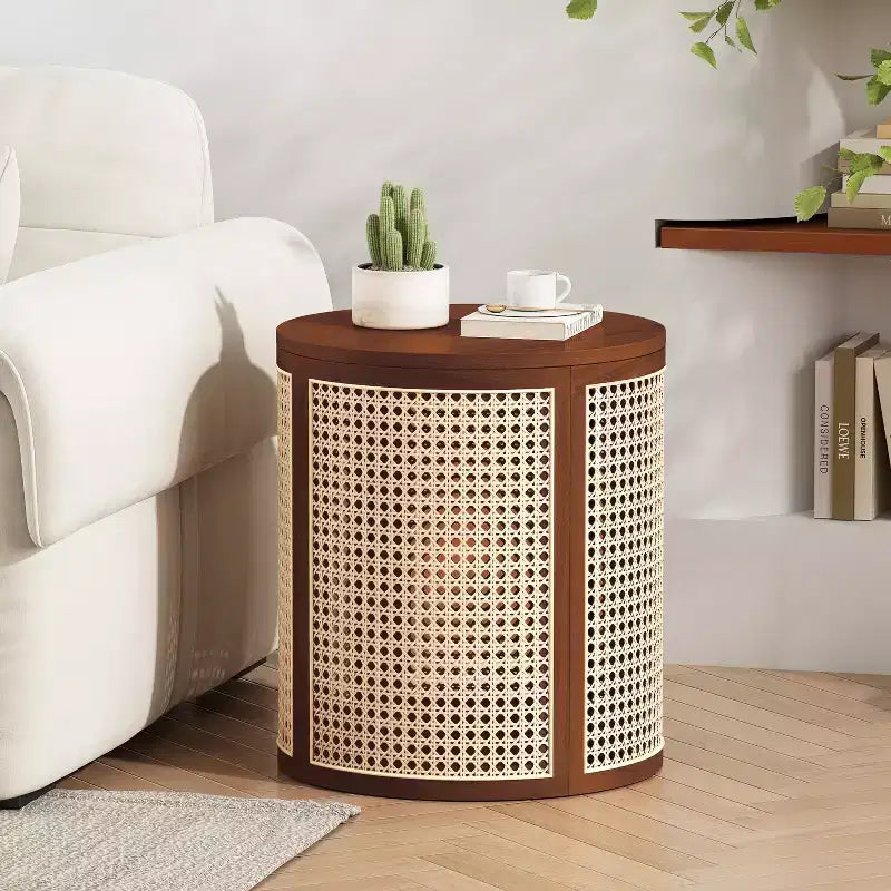 Tavolino Rotondo in Rattan da 15,7", Tavolino d'Appoggio in Legno Massello di Gomma per Soggiorno o Camera da Letto