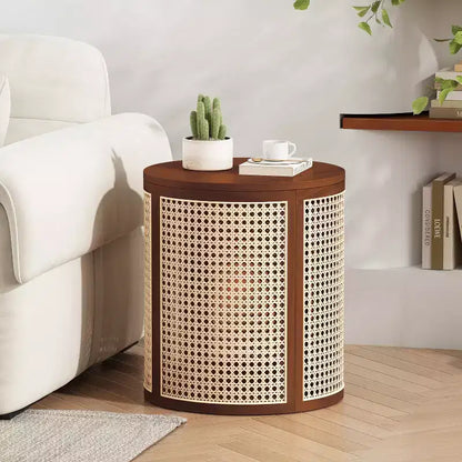 Tavolino Rotondo in Rattan da 15,7", Tavolino d'Appoggio in Legno Massello di Gomma per Soggiorno o Camera da Letto