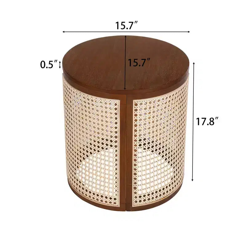 Tavolino Rotondo in Rattan da 15,7", Tavolino d'Appoggio in Legno Massello di Gomma per Soggiorno o Camera da Letto