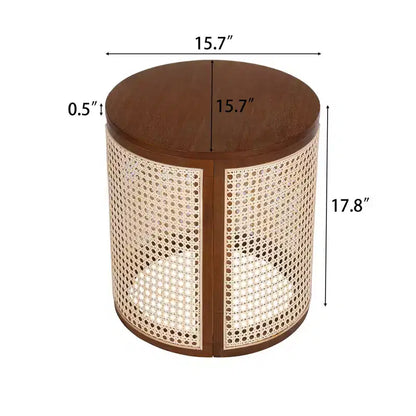 Tavolino Rotondo in Rattan da 15,7", Tavolino d'Appoggio in Legno Massello di Gomma per Soggiorno o Camera da Letto