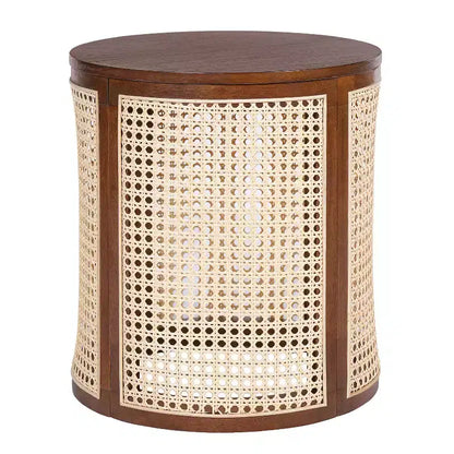 Tavolino Rotondo in Rattan da 15,7", Tavolino d'Appoggio in Legno Massello di Gomma per Soggiorno o Camera da Letto