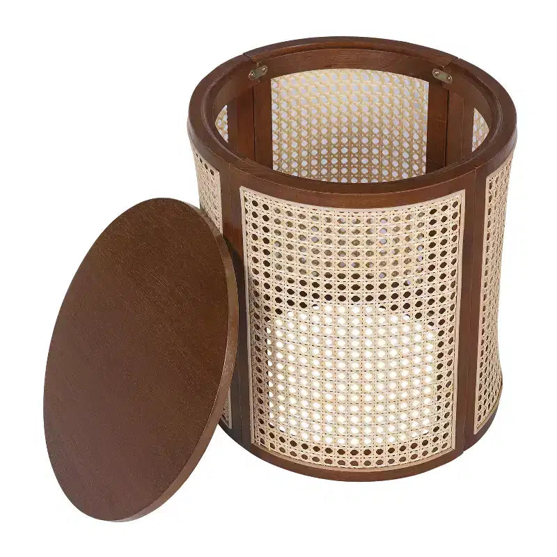 Tavolino Rotondo in Rattan da 15,7", Tavolino d'Appoggio in Legno Massello di Gomma per Soggiorno o Camera da Letto
