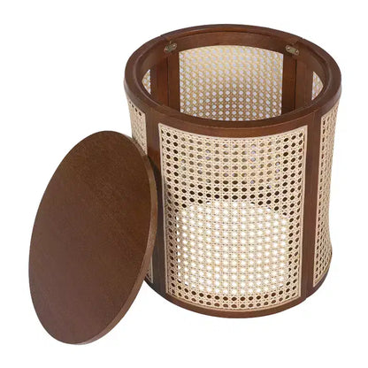 Tavolino Rotondo in Rattan da 15,7", Tavolino d'Appoggio in Legno Massello di Gomma per Soggiorno o Camera da Letto