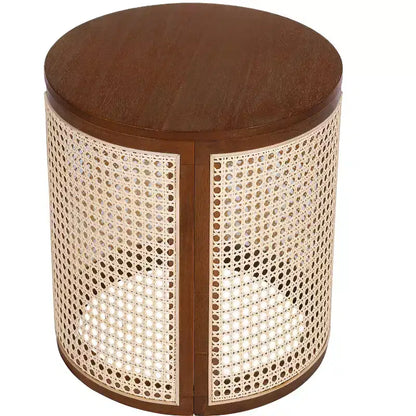 Tavolino Rotondo in Rattan da 15,7", Tavolino d'Appoggio in Legno Massello di Gomma per Soggiorno o Camera da Letto
