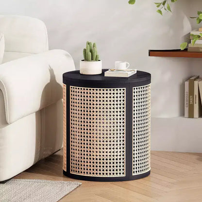Tavolino Rotondo in Rattan da 15,7", Tavolino d'Appoggio in Legno Massello di Gomma per Soggiorno o Camera da Letto