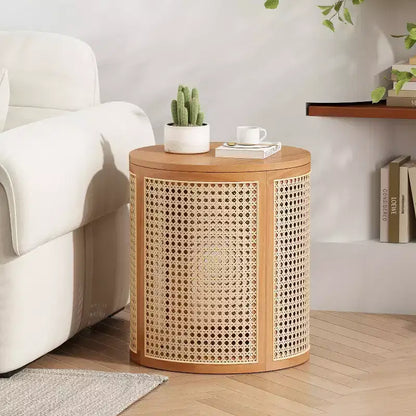 Tavolino Rotondo in Rattan da 15,7", Tavolino d'Appoggio in Legno Massello di Gomma per Soggiorno o Camera da Letto
