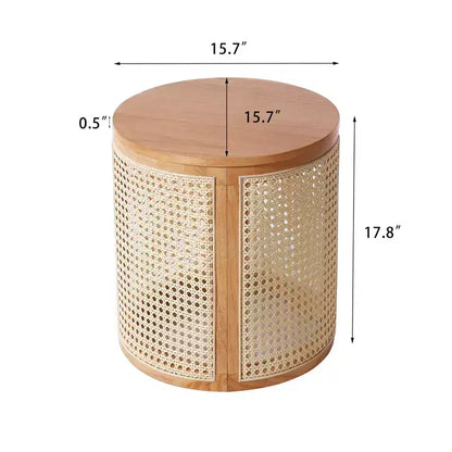 Tavolino Rotondo in Rattan da 15,7", Tavolino d'Appoggio in Legno Massello di Gomma per Soggiorno o Camera da Letto