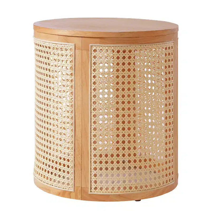 Tavolino Rotondo in Rattan da 15,7", Tavolino d'Appoggio in Legno Massello di Gomma per Soggiorno o Camera da Letto