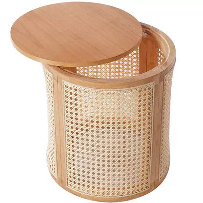 Tavolino Rotondo in Rattan da 15,7", Tavolino d'Appoggio in Legno Massello di Gomma per Soggiorno o Camera da Letto