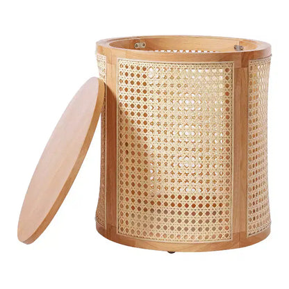 Tavolino Rotondo in Rattan da 15,7", Tavolino d'Appoggio in Legno Massello di Gomma per Soggiorno o Camera da Letto