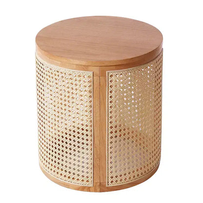 Tavolino Rotondo in Rattan da 15,7", Tavolino d'Appoggio in Legno Massello di Gomma per Soggiorno o Camera da Letto