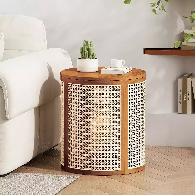 Tavolino Rotondo in Rattan da 15,7", Tavolino d'Appoggio in Legno Massello di Gomma per Soggiorno o Camera da Letto