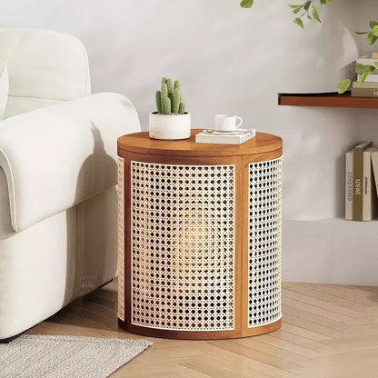 Tavolino Rotondo in Rattan da 15,7", Tavolino d'Appoggio in Legno Massello di Gomma per Soggiorno o Camera da Letto