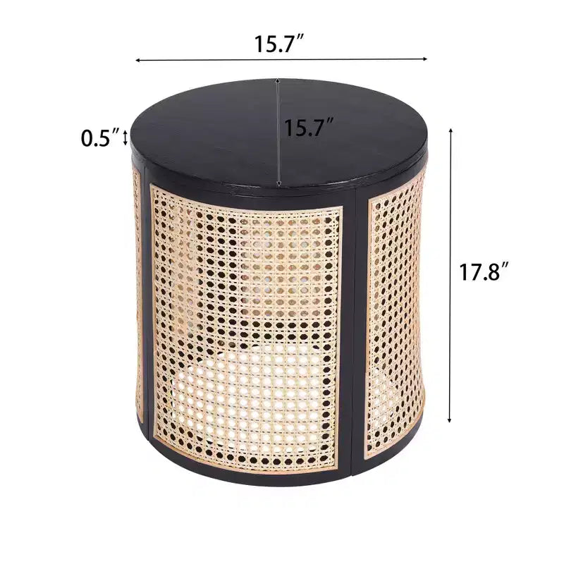 Tavolino Rotondo in Rattan da 15,7", Tavolino d'Appoggio in Legno Massello di Gomma per Soggiorno o Camera da Letto