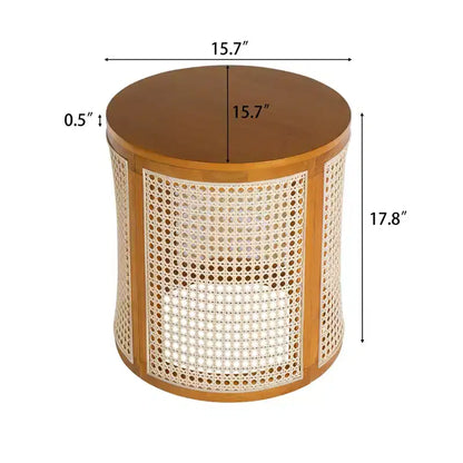 Tavolino Rotondo in Rattan da 15,7", Tavolino d'Appoggio in Legno Massello di Gomma per Soggiorno o Camera da Letto