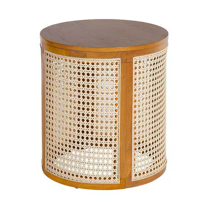 Tavolino Rotondo in Rattan da 15,7", Tavolino d'Appoggio in Legno Massello di Gomma per Soggiorno o Camera da Letto