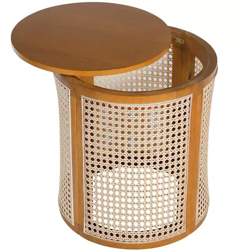 Tavolino Rotondo in Rattan da 15,7", Tavolino d'Appoggio in Legno Massello di Gomma per Soggiorno o Camera da Letto