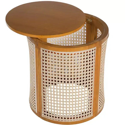 Tavolino Rotondo in Rattan da 15,7", Tavolino d'Appoggio in Legno Massello di Gomma per Soggiorno o Camera da Letto