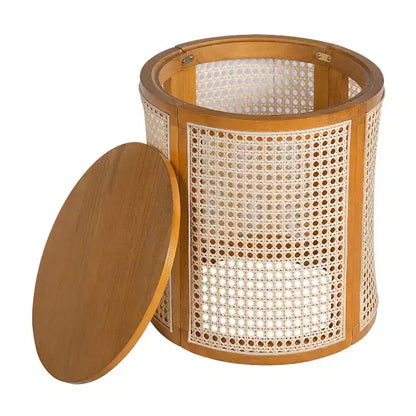 Tavolino Rotondo in Rattan da 15,7", Tavolino d'Appoggio in Legno Massello di Gomma per Soggiorno o Camera da Letto