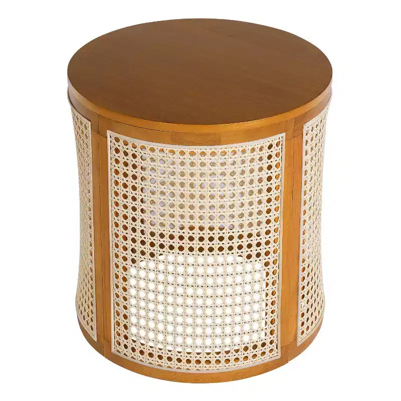 Tavolino Rotondo in Rattan da 15,7", Tavolino d'Appoggio in Legno Massello di Gomma per Soggiorno o Camera da Letto