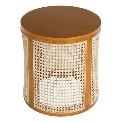 Tavolino Rotondo in Rattan da 15,7", Tavolino d'Appoggio in Legno Massello di Gomma per Soggiorno o Camera da Letto
