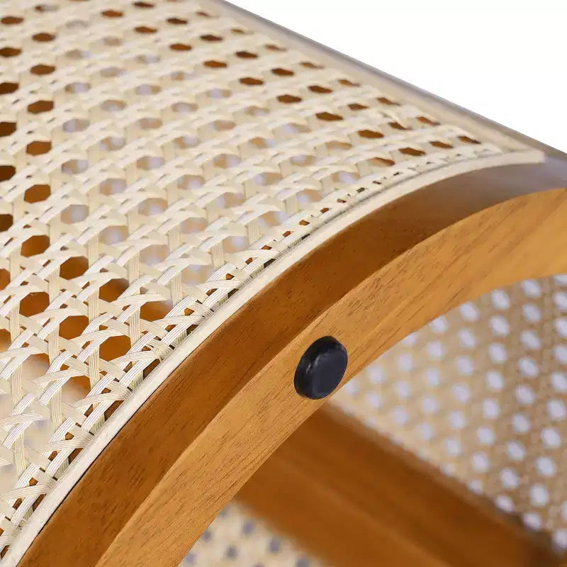 Tavolino Rotondo in Rattan da 15,7", Tavolino d'Appoggio in Legno Massello di Gomma per Soggiorno o Camera da Letto