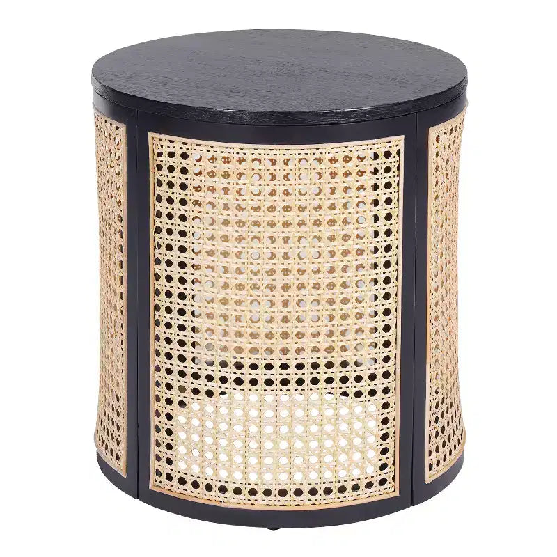 Tavolino Rotondo in Rattan da 15,7", Tavolino d'Appoggio in Legno Massello di Gomma per Soggiorno o Camera da Letto