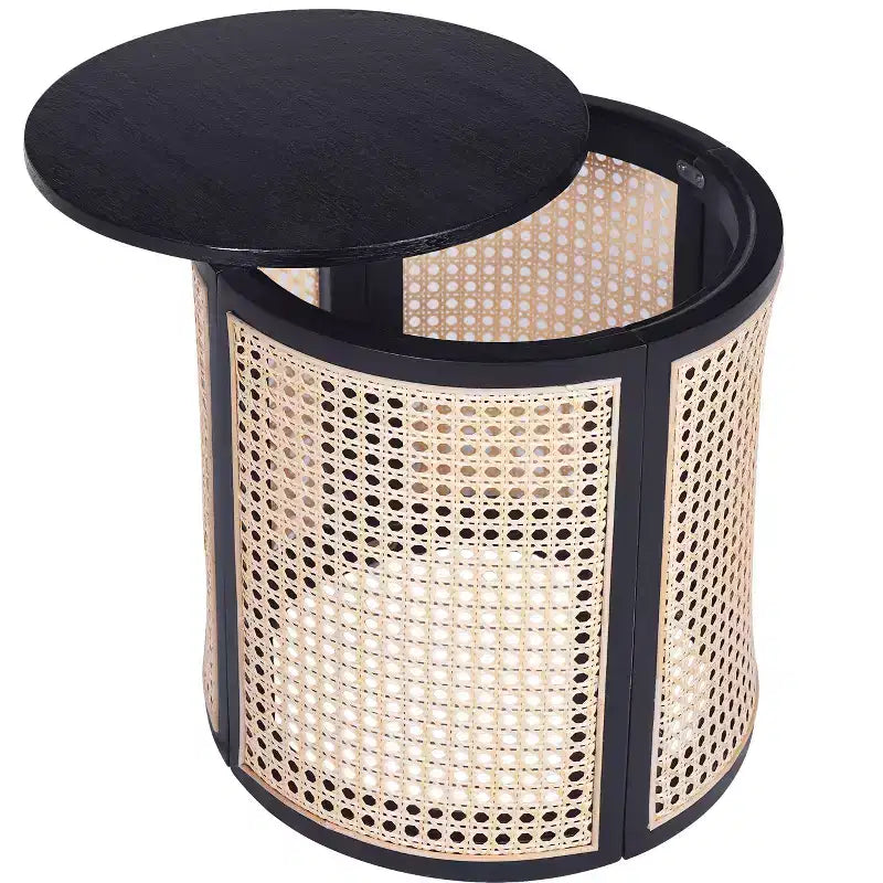 Tavolino Rotondo in Rattan da 15,7", Tavolino d'Appoggio in Legno Massello di Gomma per Soggiorno o Camera da Letto